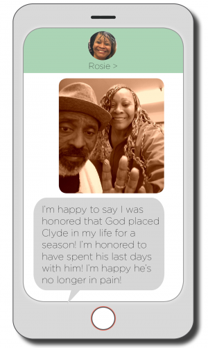 Rosie's cell phone with a selfie with Clyde and a text message