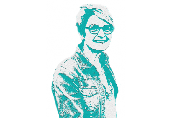A female with glasses and short hair, wearing a jean jacket. The image is monocolor