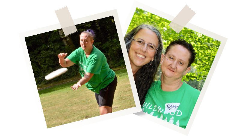 Two snapshots of a female wearing a green shirt outside
