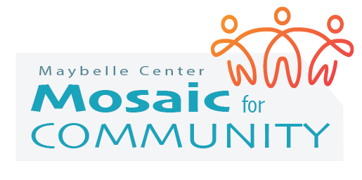Mosaic for Community logo in blue with orange image of three people with linked arms